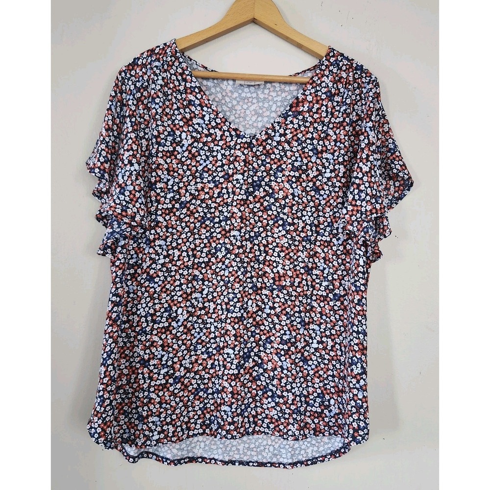 LOFT Womens XL Ditsy Flower V Neck Sheer Flutter Sleeve Top Blouse Tunic Shirt